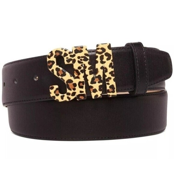 STEVE MADDEN Leopard Logo buckle Black faux-leather women's belt- SMALL New - Picture 1 of 7